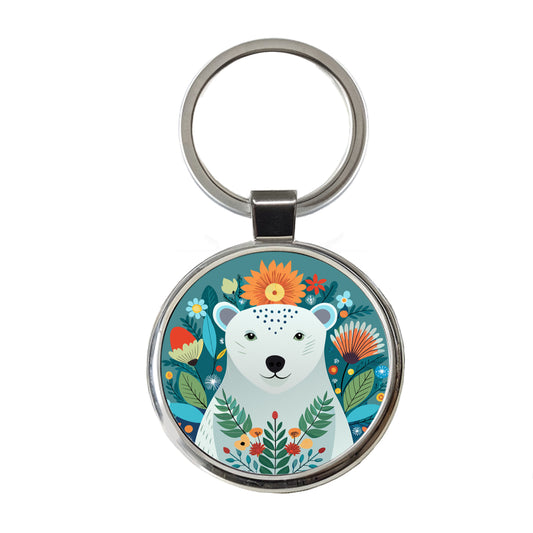 Polar Bear Floral Flowers Round Metal Keychain