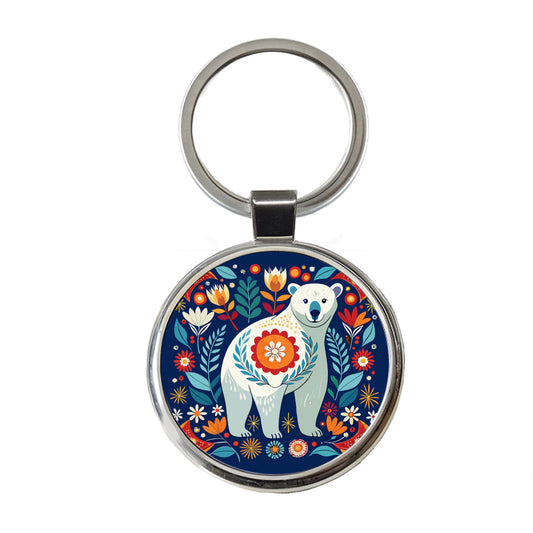 Polar Bear Floral Motif Round Metal Keychain