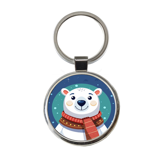Polar Bear Wearing Winter Scarf Round Metal Keychain