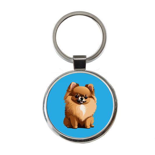 Pomeranian Dog Sitting Round Metal Keychain