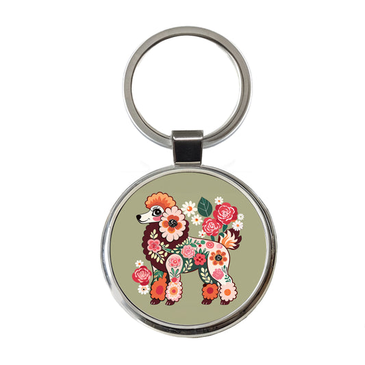 Poodle Dog Floral Motif Round Metal Keychain