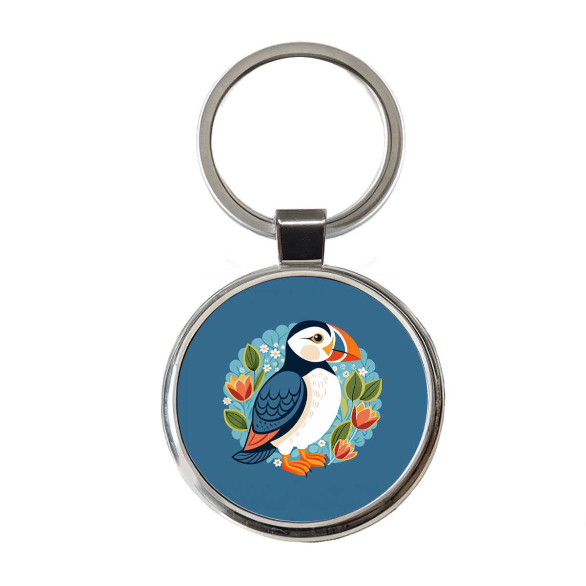 Puffin Bird Floral Flowers Round Metal Keychain