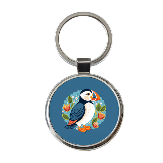 Puffin Bird Floral Flowers Round Metal Keychain