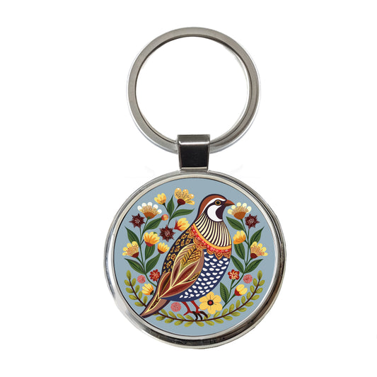 Quail Bird Floral Flowers Round Metal Keychain