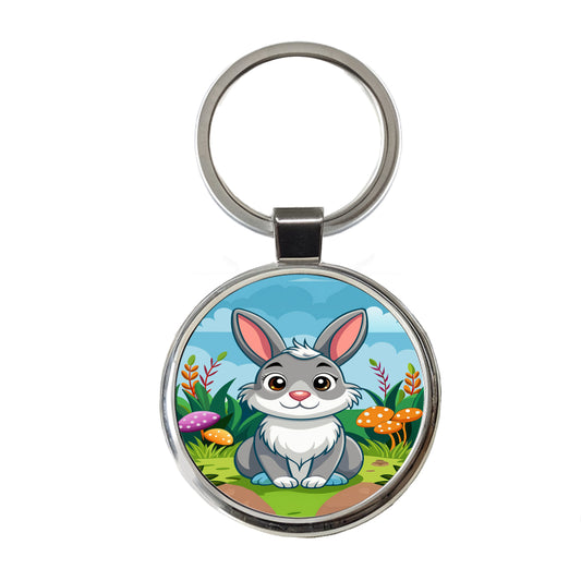 Rabbit Bunny Cute with Toadstools Mushrooms Round Metal Keychain