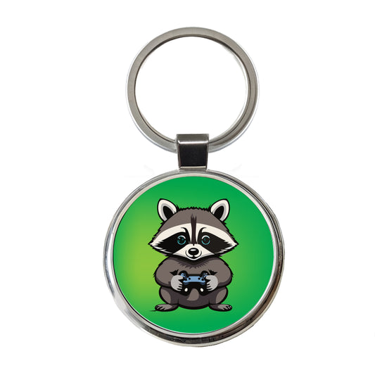 Raccoon Gamer Gaming Playing Game Round Metal Keychain
