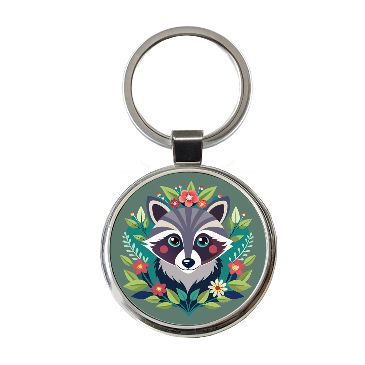 Raccoon in Floral Wreath Round Metal Keychain