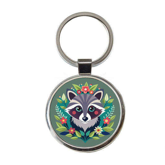 Raccoon in Floral Wreath Round Metal Keychain