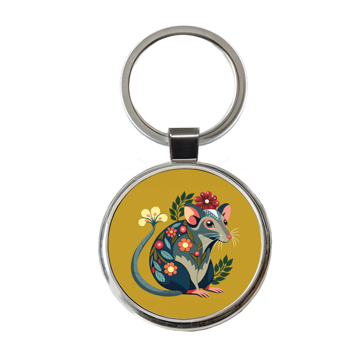 Rat Floral Flowers Round Metal Keychain