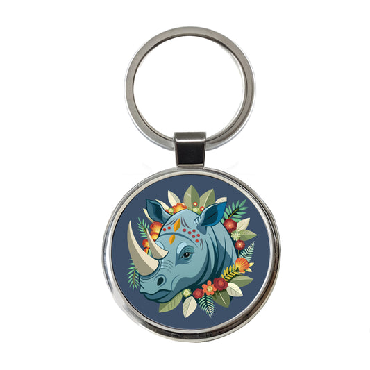 Rhinoceros Head Floral Flowers Round Metal Keychain