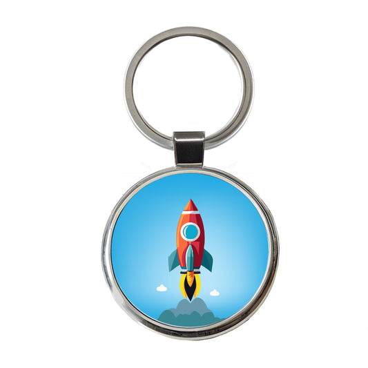 Rocket Ship Blasting Off Round Metal Keychain