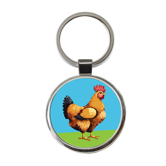 Rooster Chicken Profile Round Metal Keychain