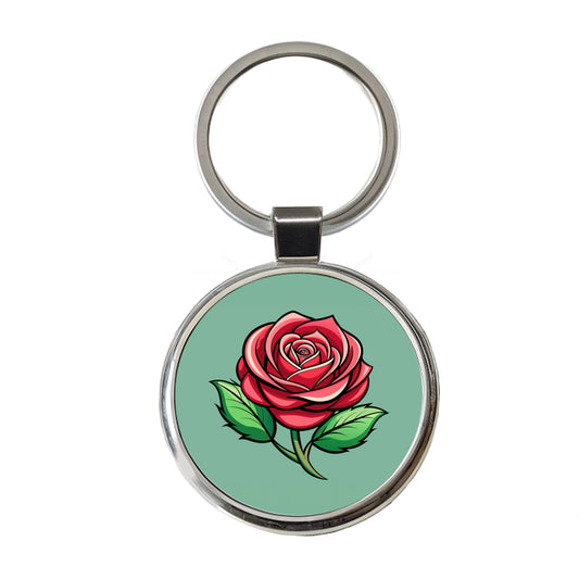 Rose Flower Bud Red Round Metal Keychain