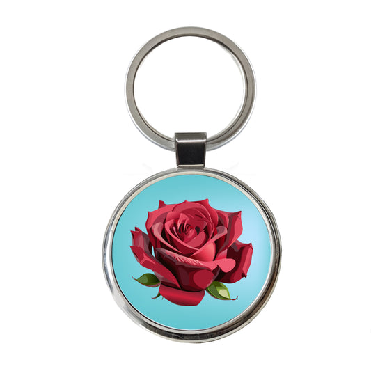 Rose Red Flower Round Metal Keychain