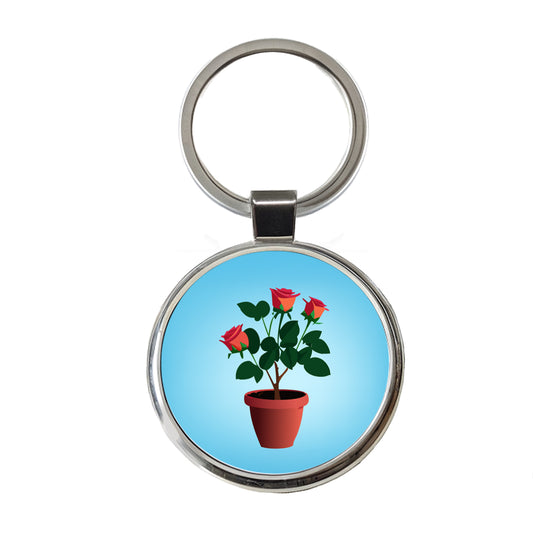 Rose Roses Bush in Pot Round Metal Keychain