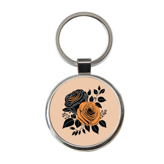 Roses Black Orange Fall Autumn Thanksgiving Halloween Motif Round Metal Keychain