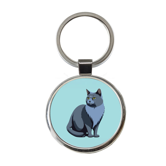 Russian Blue Cat Sitting Round Metal Keychain