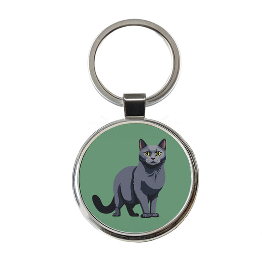 Russian Blue Cat Standing Round Metal Keychain