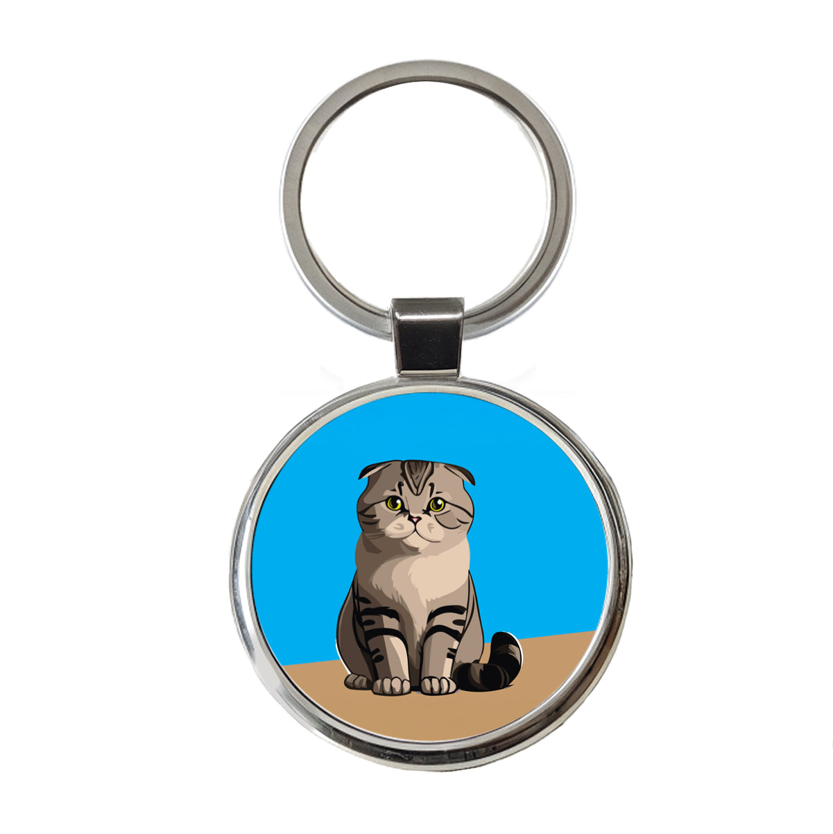 Scottish Fold Cat Sitting Round Metal Keychain