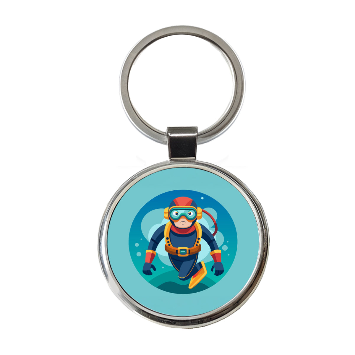 Scuba Diver Diving Round Metal Keychain