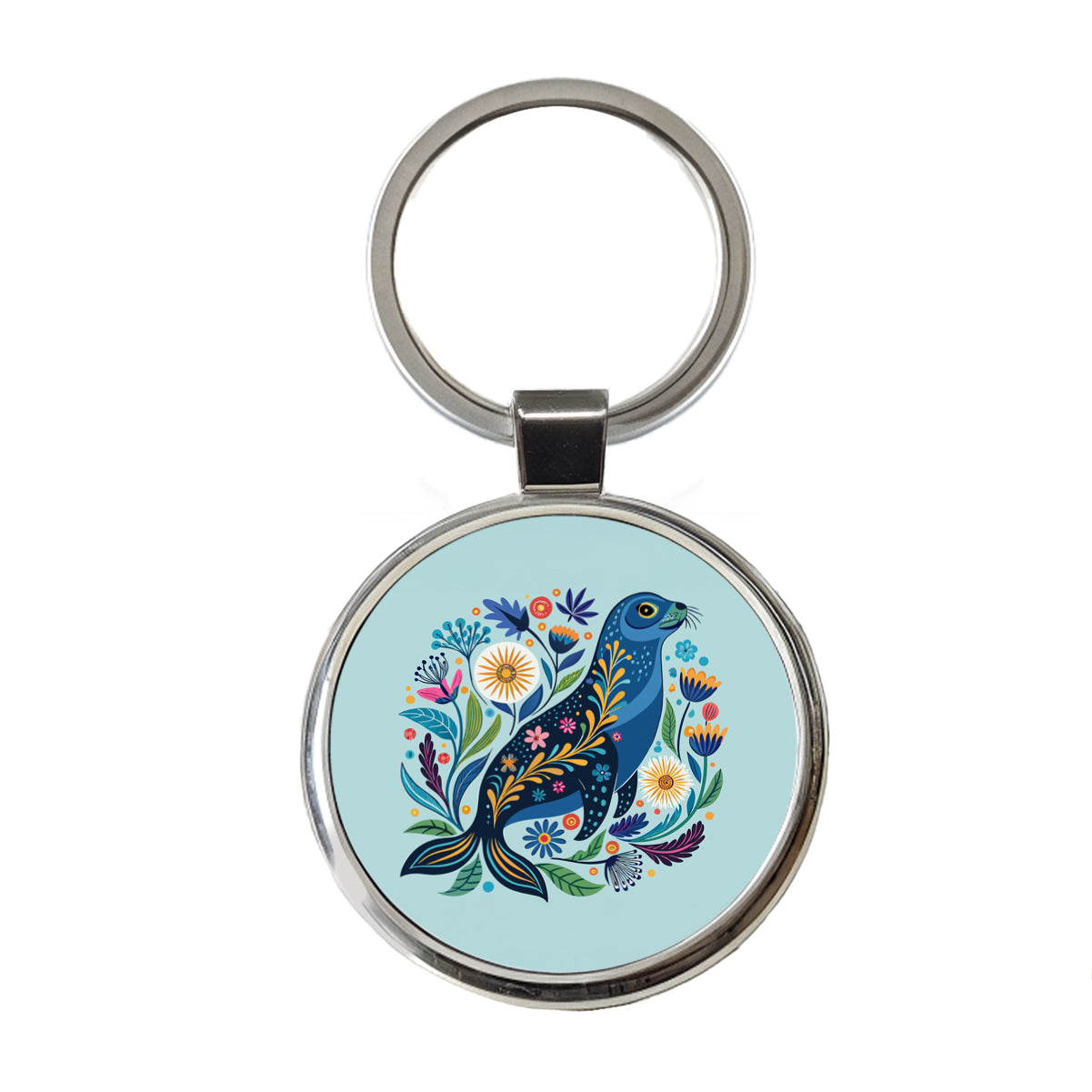 Sea Lion Floral Flowers Round Metal Keychain