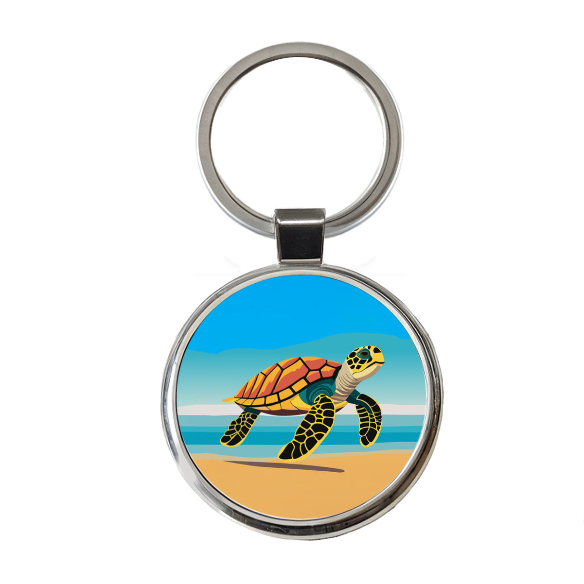 Sea Turtle Swimming Round Metal Keychain