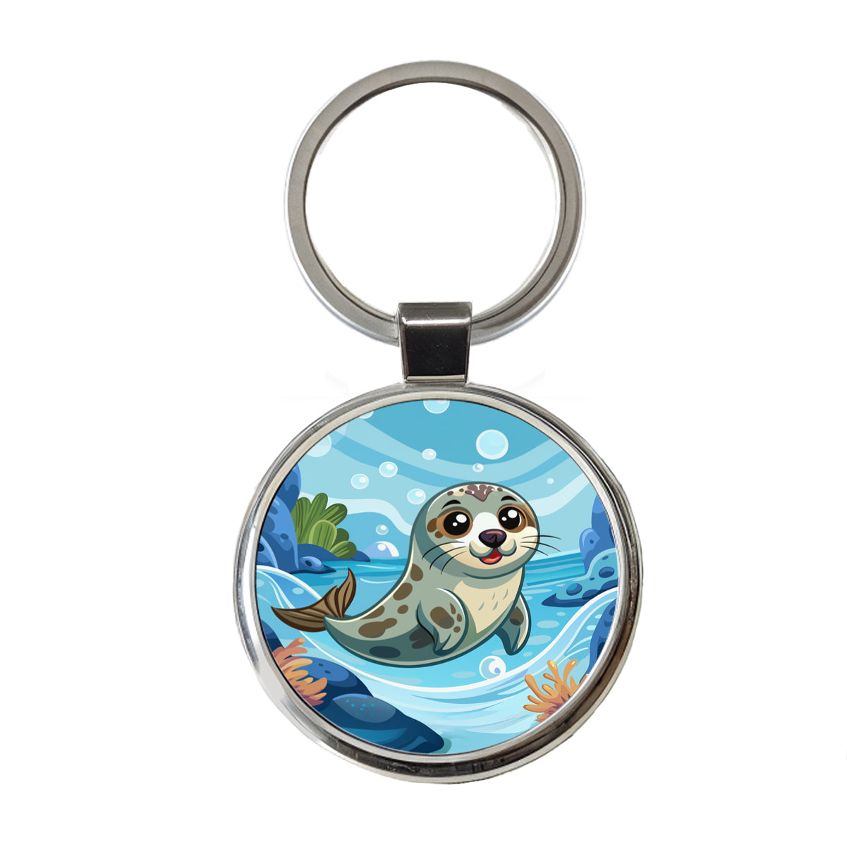 Seal in Water Cute Round Metal Keychain