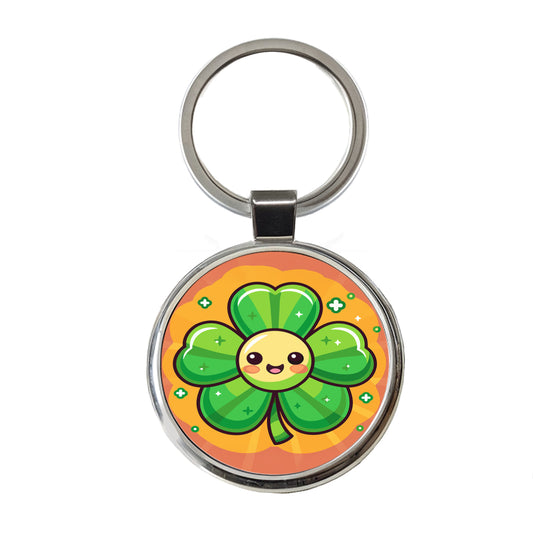 Shamrock Smiling Cute Round Metal Keychain