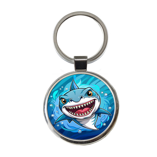 Shark in Ocean Scary Round Metal Keychain