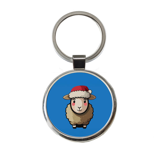 Sheep Christmas Santa Hat Round Metal Keychain
