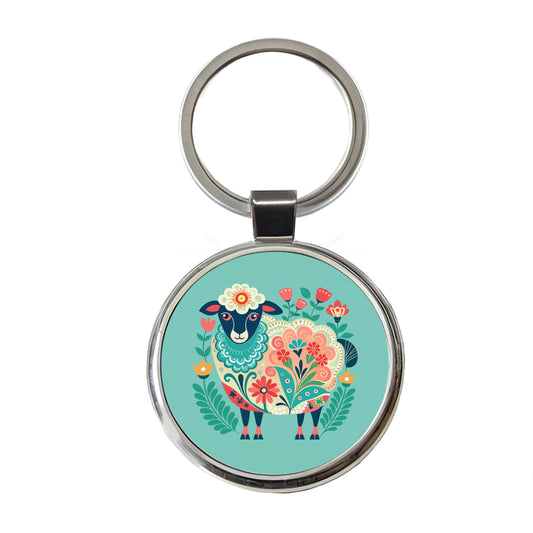 Sheep Floral Flowers Round Metal Keychain
