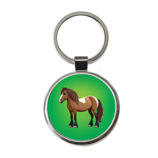 Shetland Pony Horse Standing Round Metal Keychain