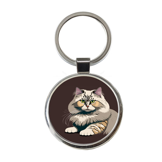 Siberian Cat Crouched Round Metal Keychain
