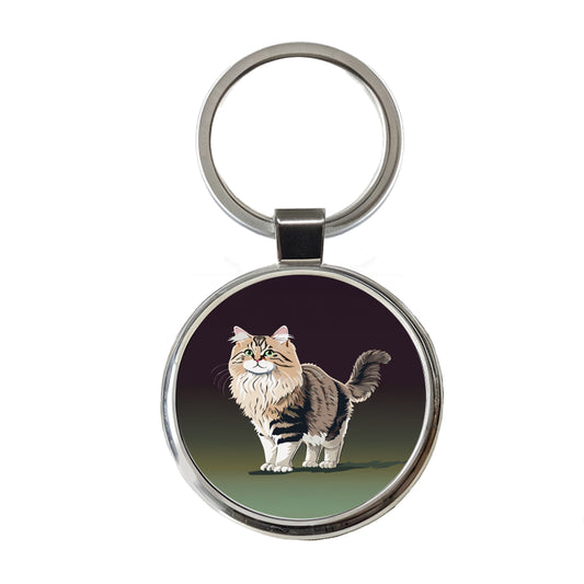Siberian Cat Standing Round Metal Keychain