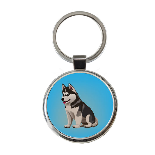 Siberian Husky Dog Sitting Round Metal Keychain