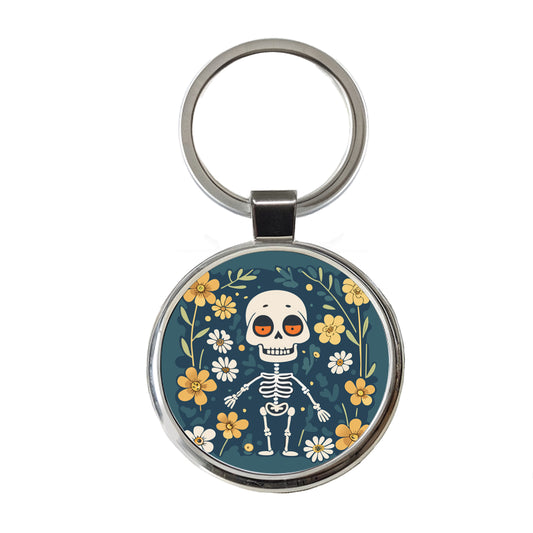 Skeleton and Flowers Funny Halloween Round Metal Keychain