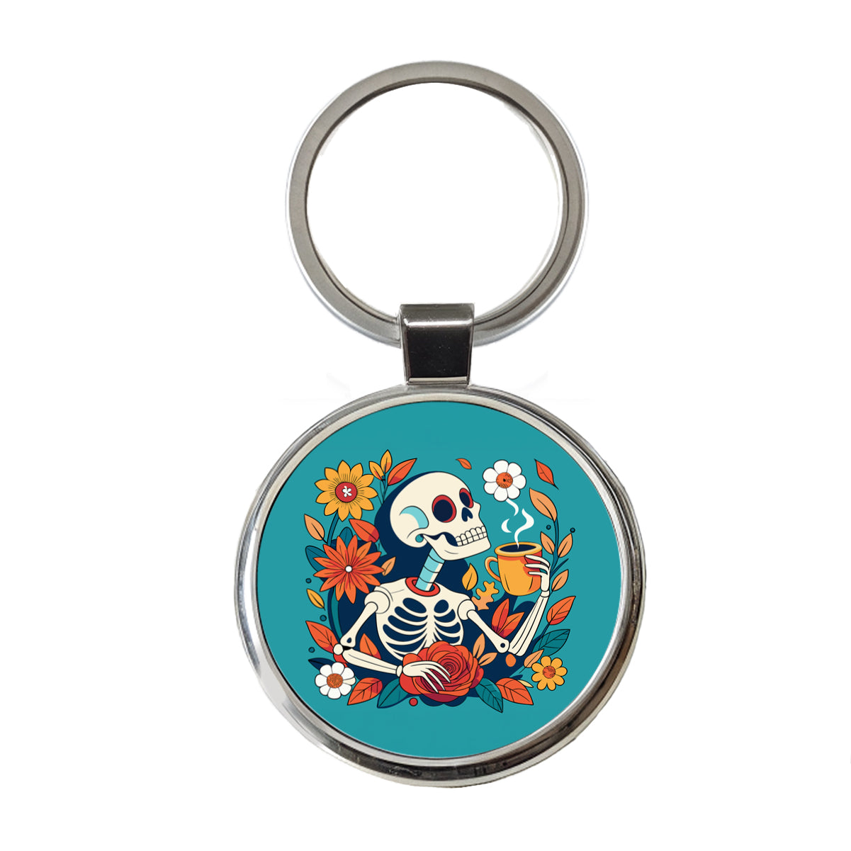 Skeleton Drinking Coffee Funny Floral Flowers Round Metal Keychain