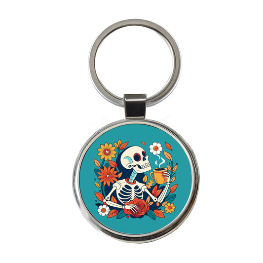 Skeleton Drinking Coffee Funny Floral Flowers Round Metal Keychain