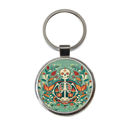 Skeleton Floral Art Nouveau Flowers Elegant Round Metal Keychain
