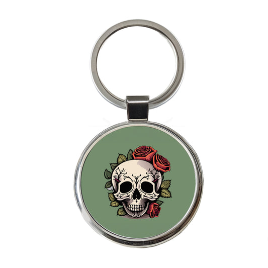Skull and Roses Round Metal Keychain