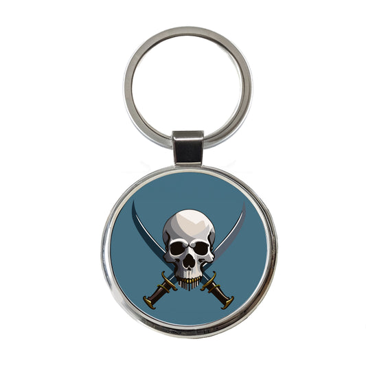 Skull Pirate Crossed Swords Round Metal Keychain