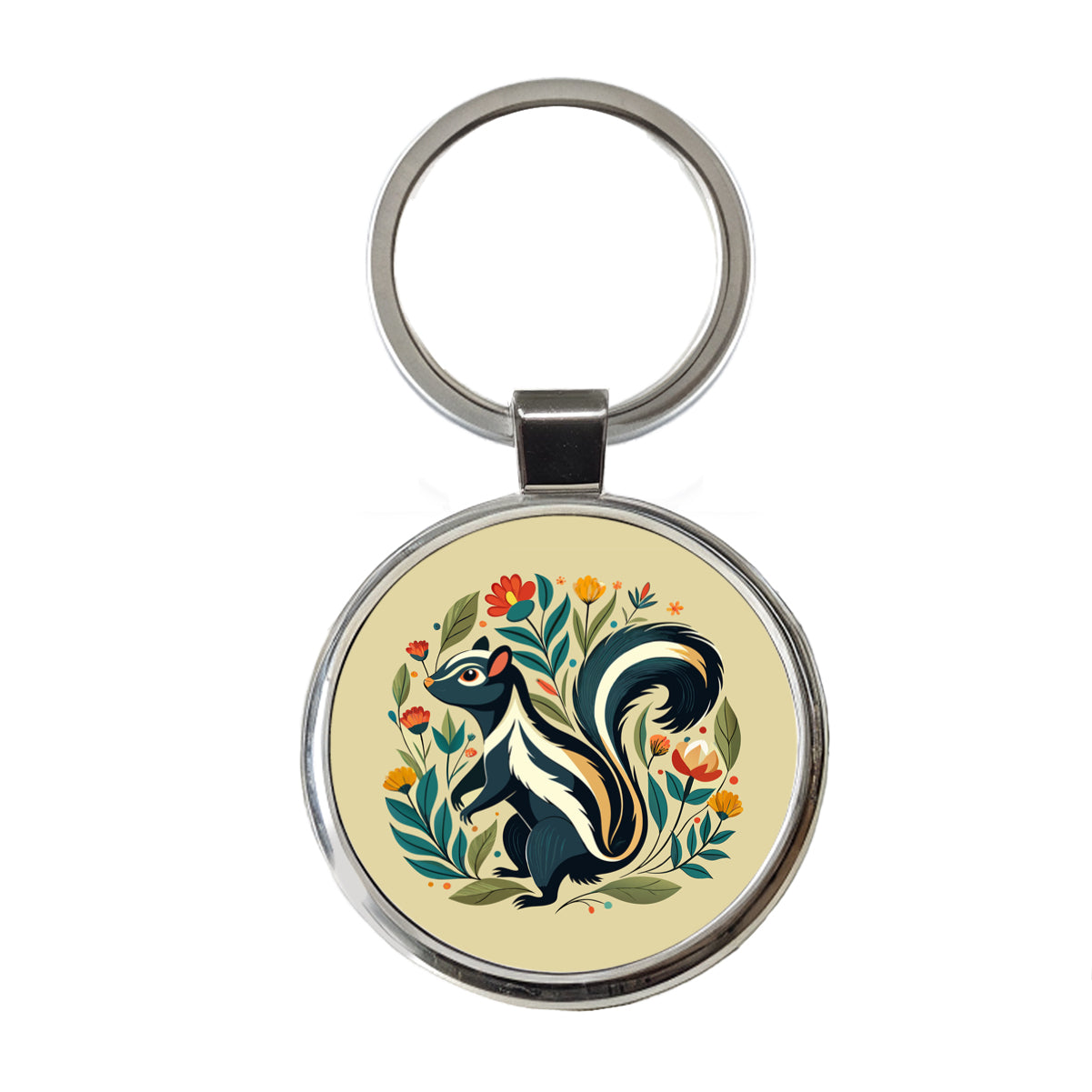 Skunk Floral Flowers Round Metal Keychain