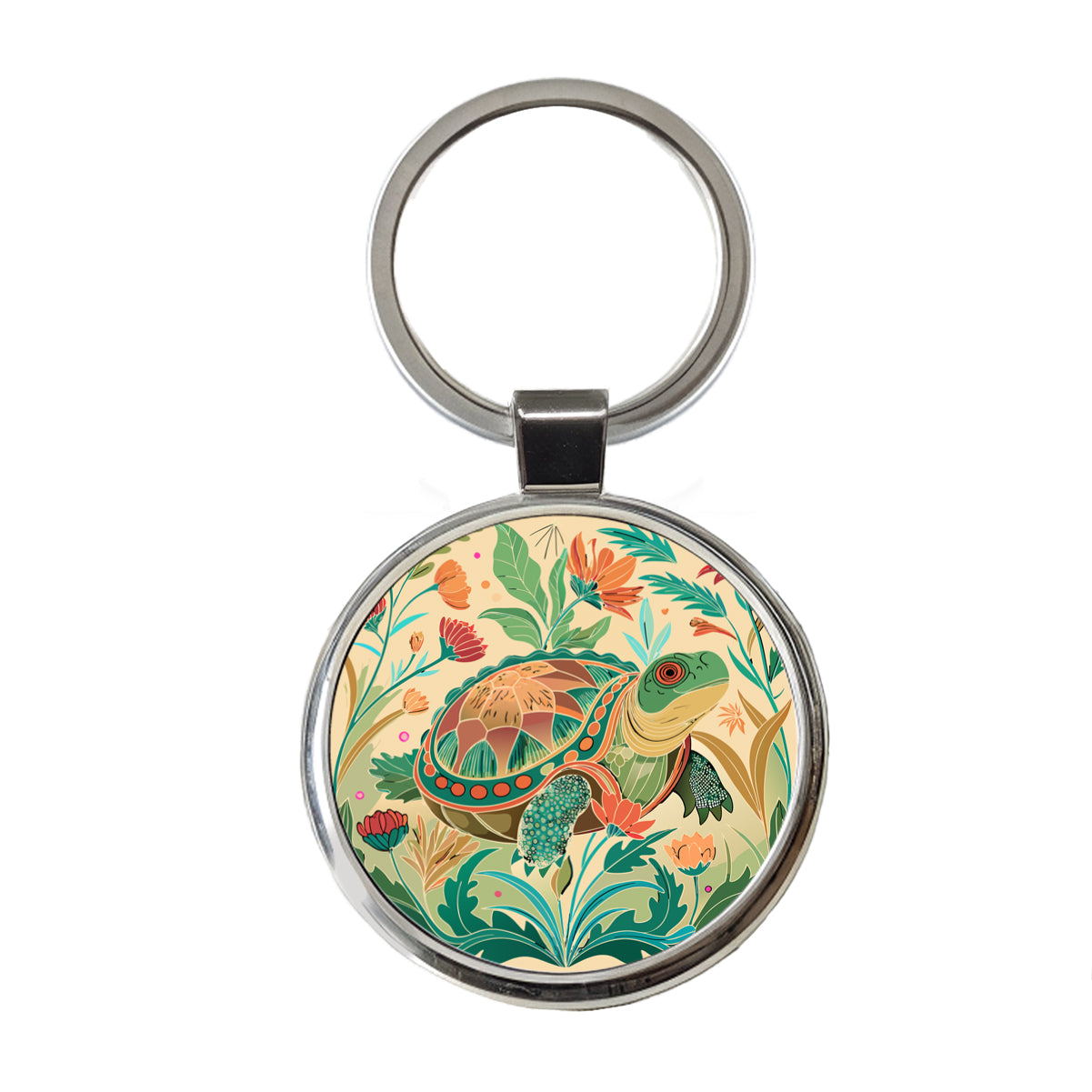 Snapping Turtle Botanical Art Nouveau Round Metal Keychain