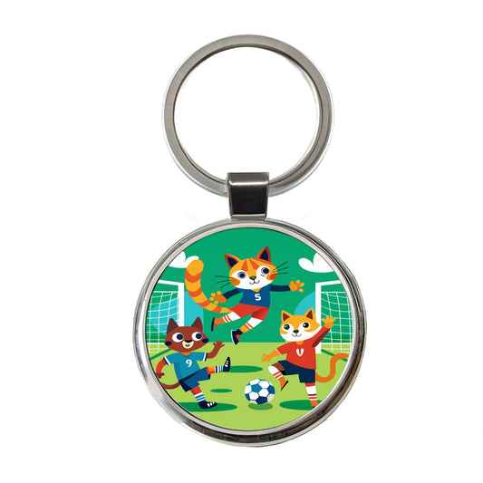Soccer Cats Playing Ball Field Round Metal Keychain