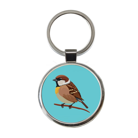Sparrow Bird on Branch Round Metal Keychain