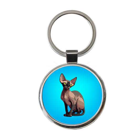 Sphynx Cat Sitting Round Metal Keychain