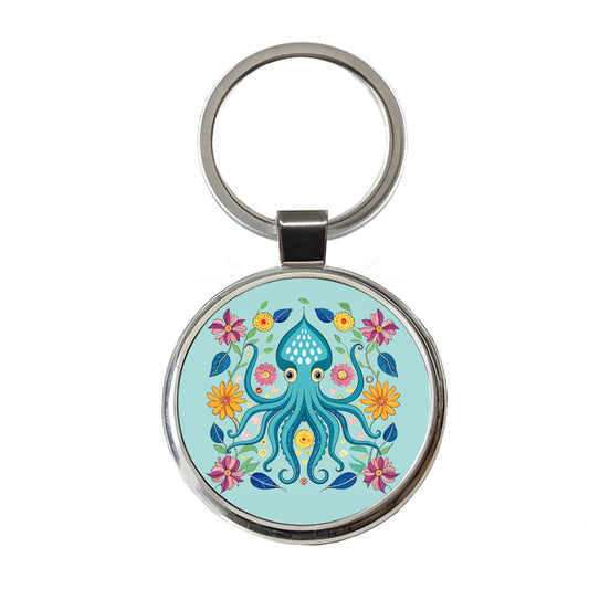 Squid Floral Flowers Round Metal Keychain