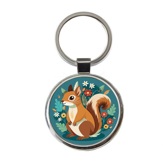 Squirrel Floral Flowers Round Metal Keychain