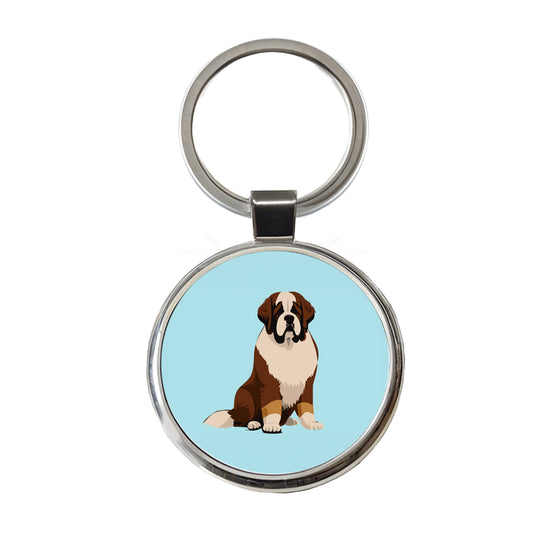 St Bernard Dog Sitting Round Metal Keychain