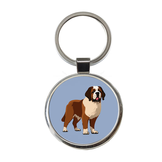 St Bernard Dog Standing Round Metal Keychain